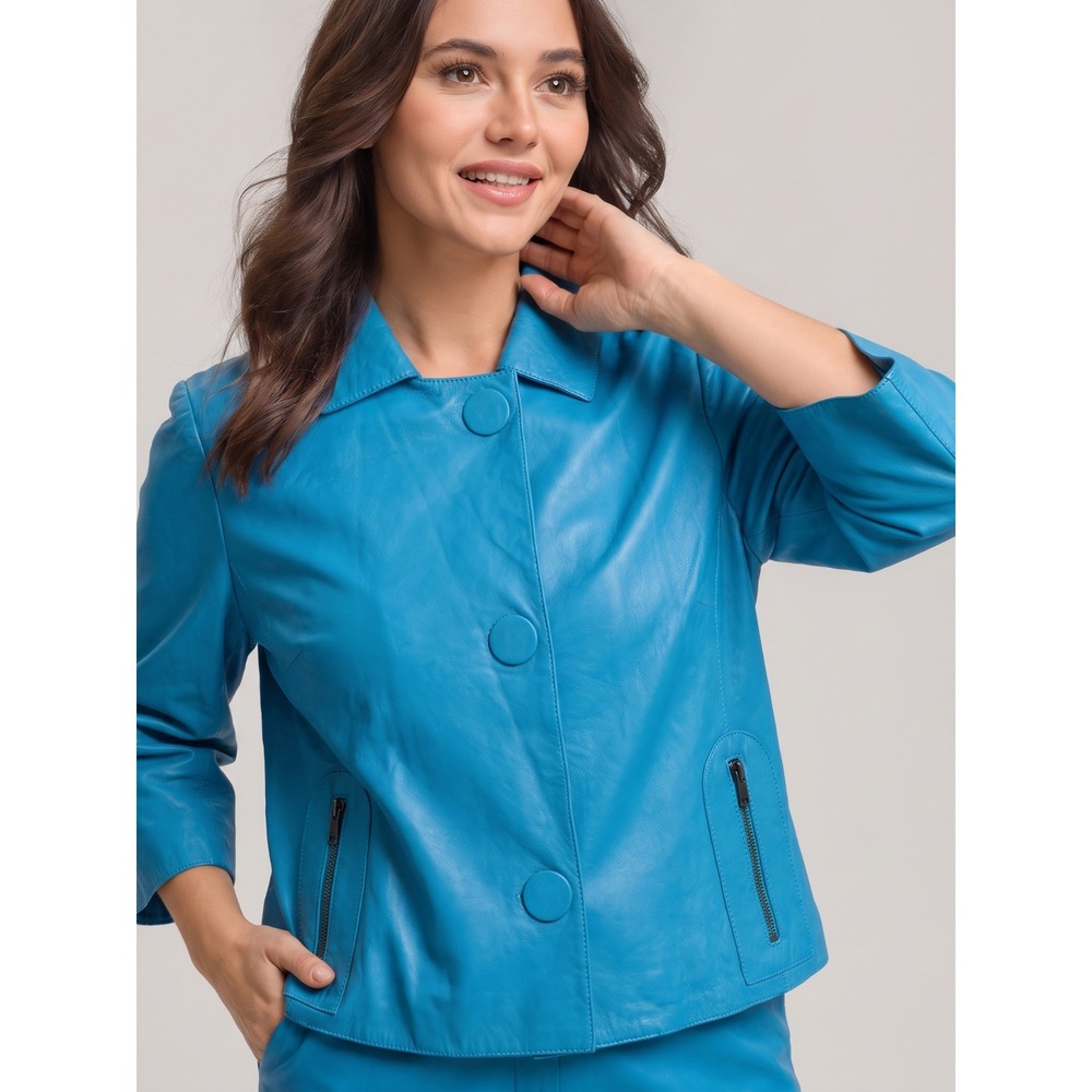 💙Akris Punto Bergdorf Goodman Jacket Womens 8 Turquoise Lamb Nappa Cropped